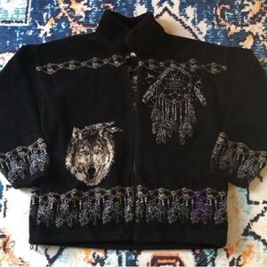 Bear Ridge Outfitters Tribal Native Wolf Zip-Up Fleece Jacket Adult Unisex vtg